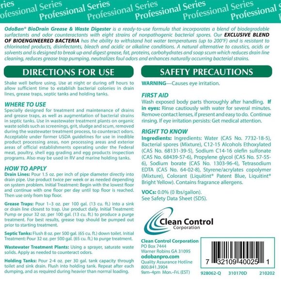 OdoBan BioDrain Grease and Waste Digester Professional Series 1 Quart Bottle - Picture 5 of 5